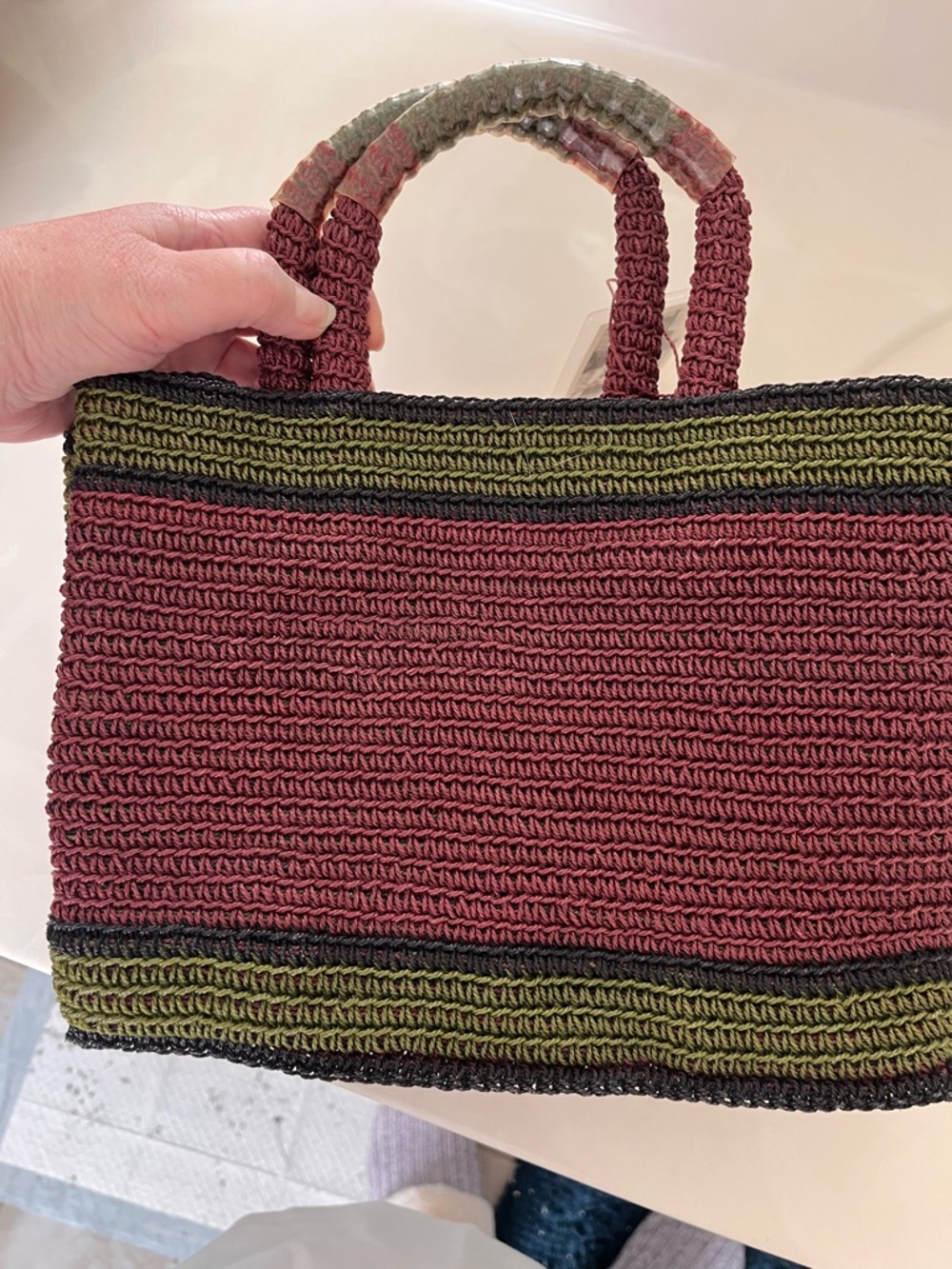 NWT from Guatemala Woven small tote  in Burgundy and Olive Green